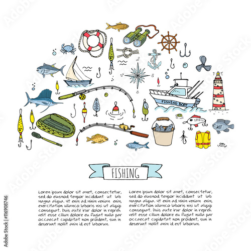 Hand drawn doodle Fishing icons set. Vector illustration. Cartoon catching fish equipment elements collection: Rod, Baits, Spinning, Lure, Inflatable Boat, Yacht, Lighthouse, Cloth, Safety jacket.