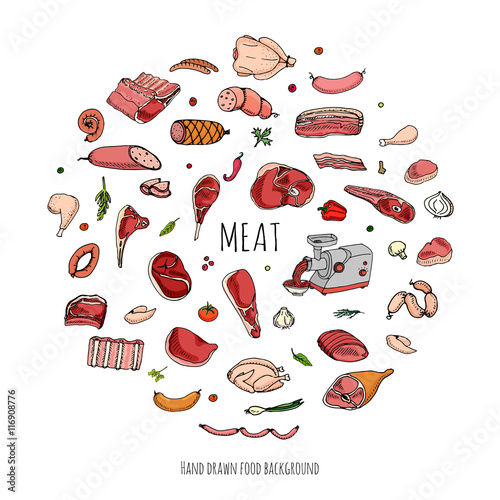 Hand drawn doodle set of cartoon different kind of meat and poultry. Vector illustration set. Sketchy food elements collection: Lamb, Pork, Ham, Mince, Chicken, Steak, Bacon, Sausage, Salami, Veggie.