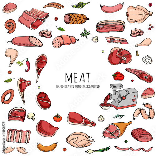 Hand drawn doodle set of cartoon different kind of meat and poultry. Vector illustration set. Sketchy food elements collection: Lamb, Pork, Ham, Mince, Chicken, Steak, Bacon, Sausage, Salami, Veggie.