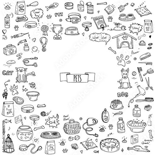 Hand drawn doodle Pets stuff and supply icons set. Vector illustration. Vet symbol collection. Cartoon dogs and cats care elements: kennel, leash, food, paw, bowl, bone and other goods for pet shop