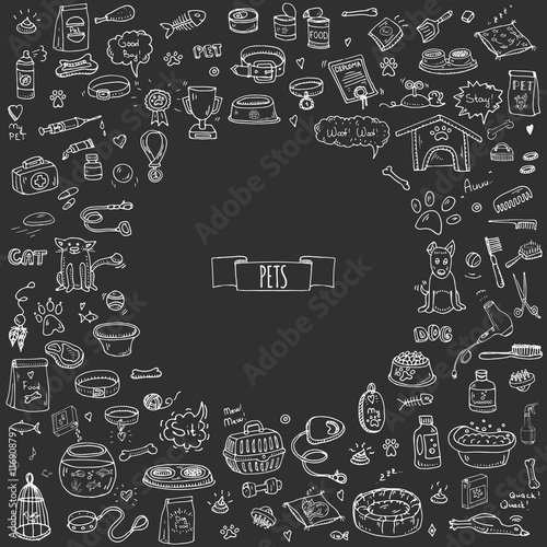 Hand drawn doodle Pets stuff and supply icons set. Vector illustration. Vet symbol collection. Cartoon dogs and cats care elements: kennel, leash, food, paw, bowl, bone and other goods for pet shop