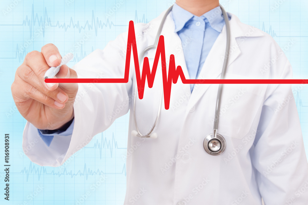 Doctor hand drawing cardiogram and electrocardiogram on blue background Doctor hand drawing cardiogram and electrocardiogram on blue background