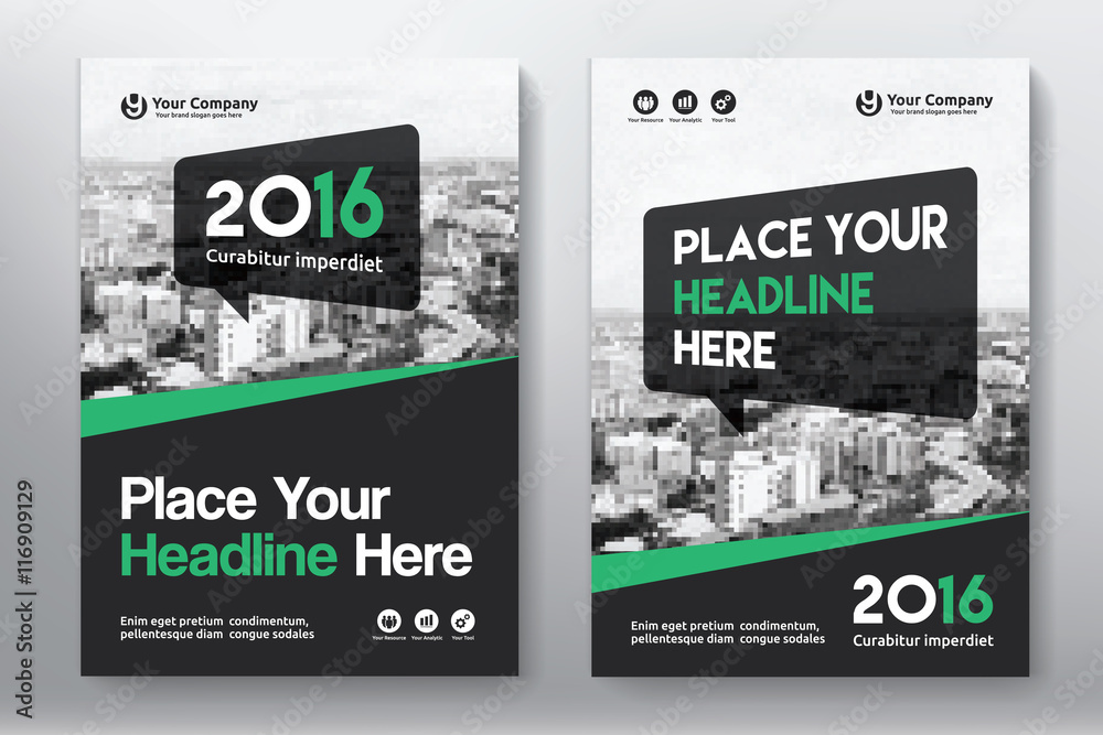 Green Color Scheme with City Background Business Book Cover Design Template in A4. Can be adapt to Brochure, Annual Report, Magazine,Poster, Corporate Presentation, Portfolio, Flyer, Banner, Website. - obrazy, fototapety, plakaty 