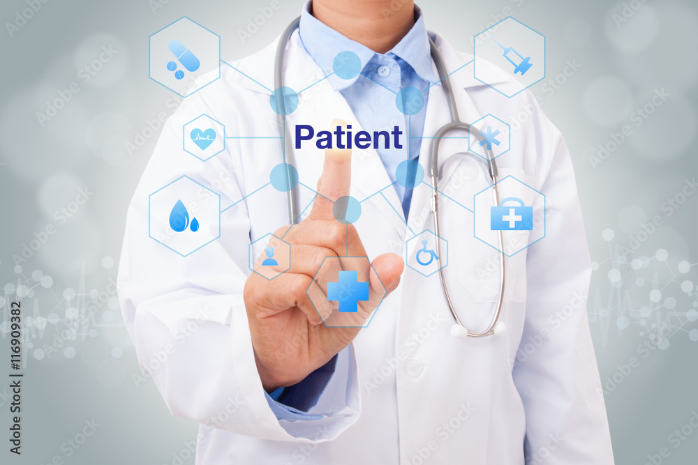 Doctor hand touching patient sign on virtual screen. medical concept Doctor hand touching patient sign on virtual screen. medical concept