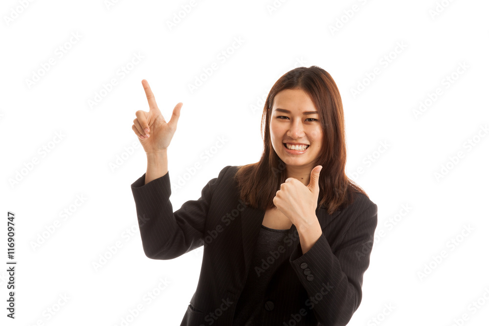 Young Asian business woman point and thumbs up. Young Asian business woman point and thumbs up.