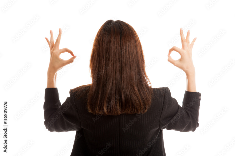 Back view of Asian business woman show double OK hand sign. Back view of Asian business woman show double OK hand sign.