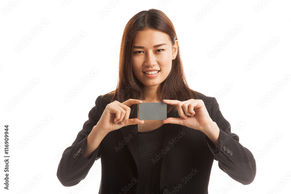 Young Asian business woman smile with blank card. Young Asian business woman smile with blank card.