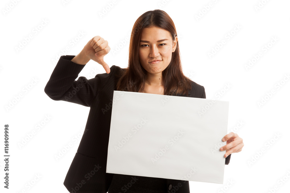 Young Asian business woman show thumbs down with white blank si Young Asian business woman show thumbs down with white blank si
