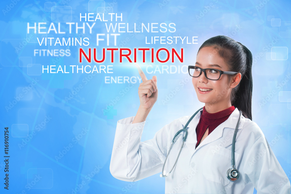 Doctor hand touching nutrition word on screen with blue background. medical concept Doctor hand touching nutrition word on screen with blue background. medical concept