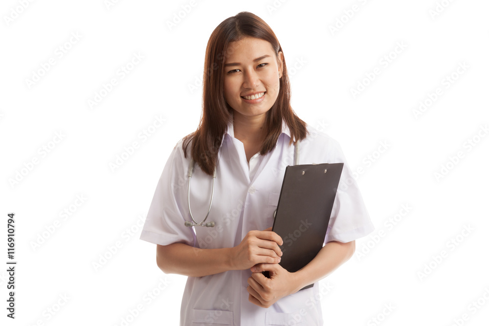 Asian young female doctor smile with a clipboard. Asian young female doctor smile with a clipboard.