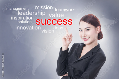 Businesswoman pointing at success word on screen. business concept.