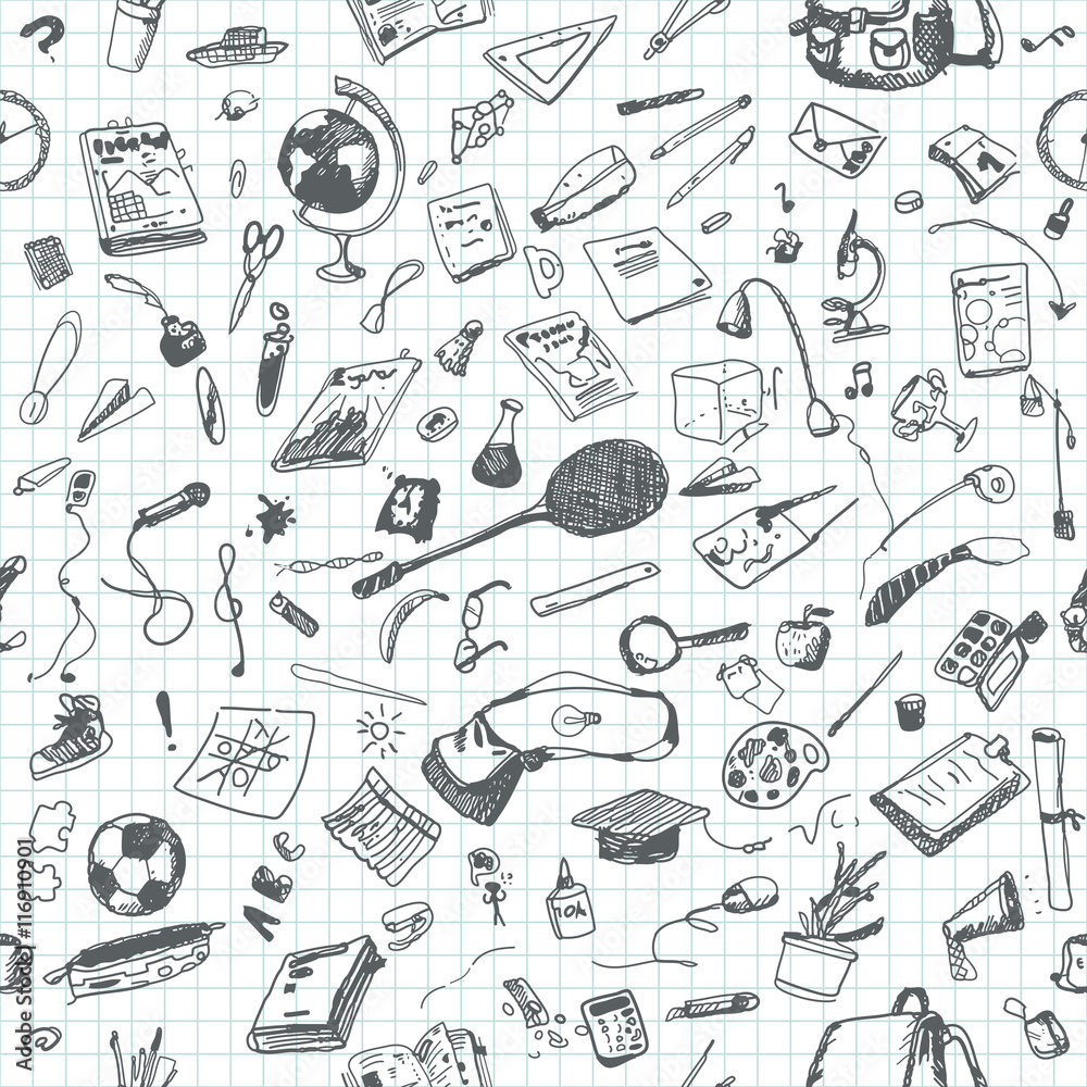 Hand drawn doodle school objects seamless pattern. Gray pencil objects, notebook background. Learning, study, poster, flyer, design.