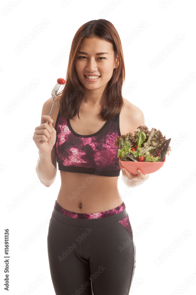 Beautiful Asian healthy girl enjoy eating salad. Beautiful Asian healthy girl enjoy eating salad.