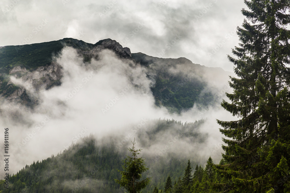 Storm clouds, and adter rain mist in the Romanian mountains, in summer