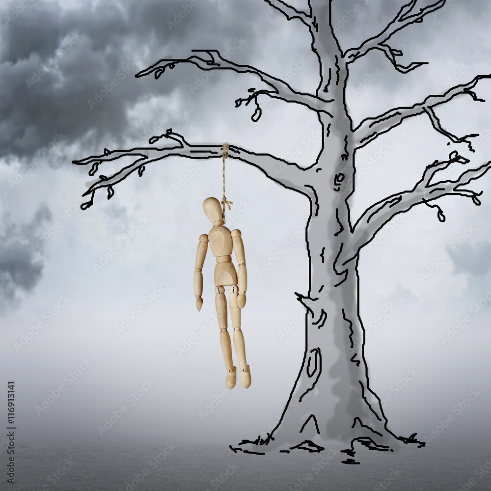 Dead Man hanging on a tree in the cloudy night. Horror. Abstract image with  a wooden puppet Stock Photo | Adobe Stock
