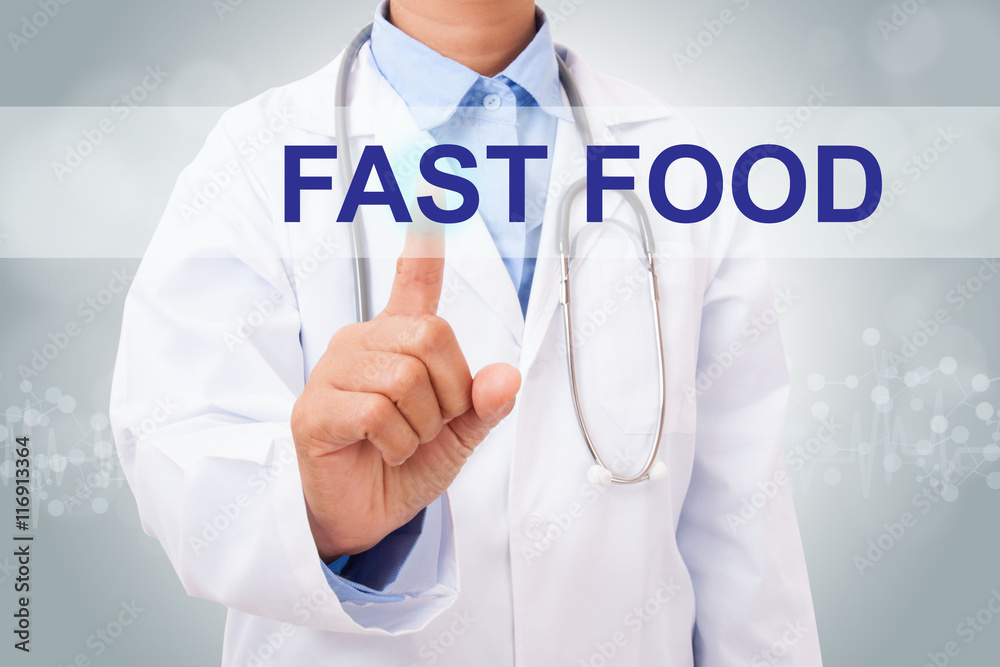 Doctor hand touching fast food sign on virtual screen. medical concept Doctor hand touching fast food sign on virtual screen. medical concept