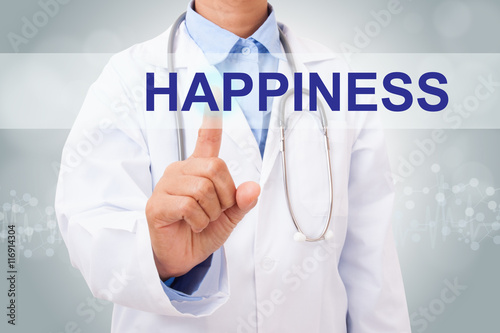 Doctor hand touching happiness sign on virtual screen. healthy concept