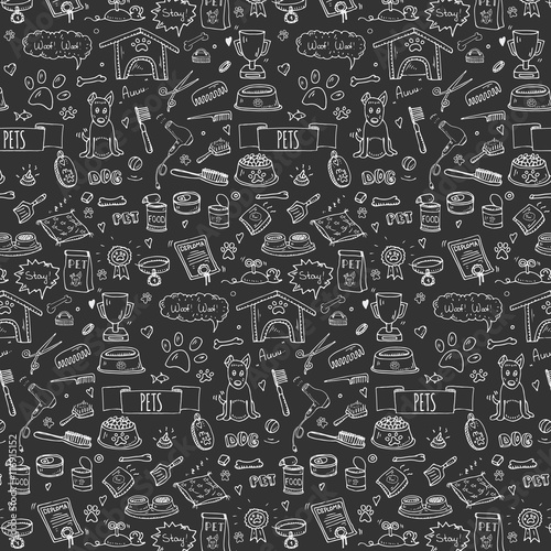 Seamless pattern hand drawn doodle Pets stuff and supply icons set. Vector illustration. Symbol collection. Cartoon dog care elements: kennel, leash, food, paw, bowl, bone and other goods for pet shop