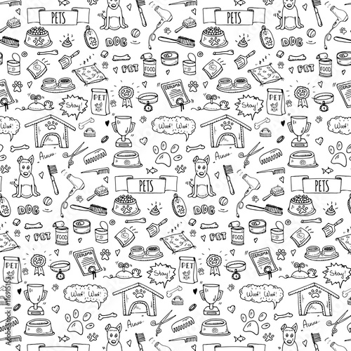 Seamless pattern hand drawn doodle Pets stuff and supply icons set. Vector illustration. Symbol collection. Cartoon dog care elements: kennel, leash, food, paw, bowl, bone and other goods for pet shop