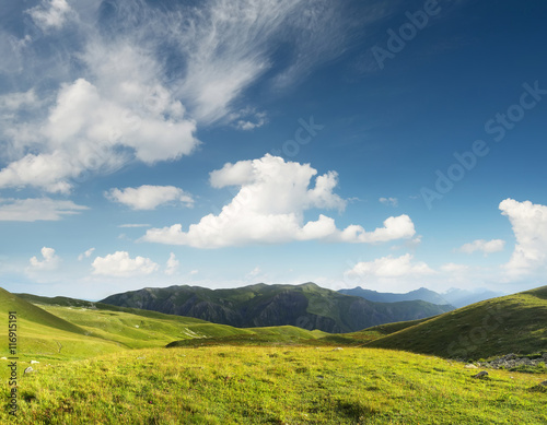 Pasture in mountain valley. Agriculture landscape in the summer time