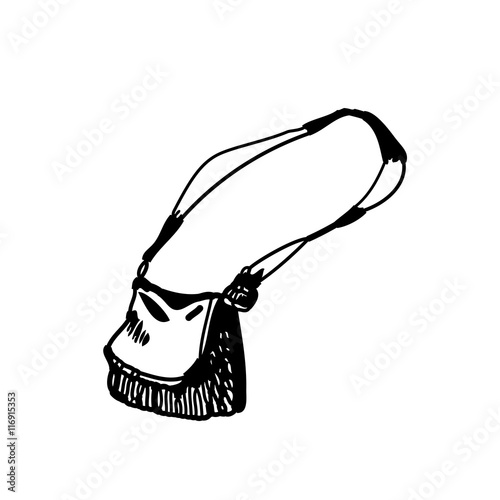 Hand drawn doodle handbag. Black pen outline,white background. Pupil, student, school, education.