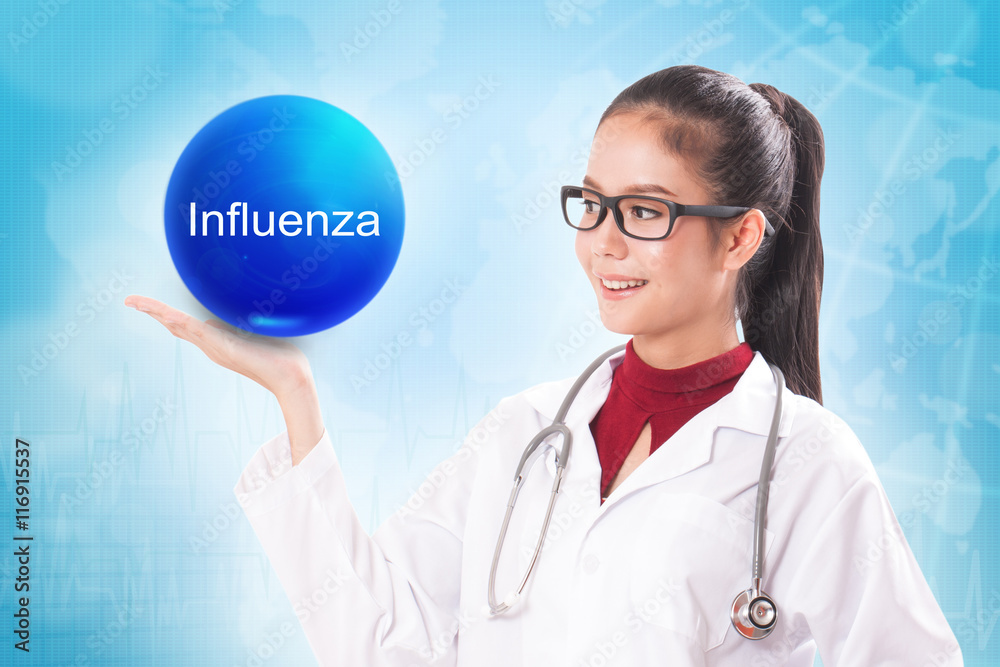 Female doctor holding blue crystal ball with influenza sign on medical background. Female doctor holding blue crystal ball with influenza sign on medical background.