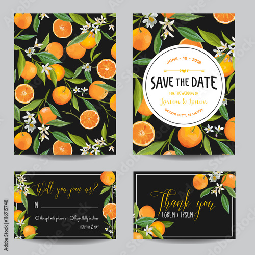 Save the Date Card. Orange, Leaves and Flowers. Wedding Card Invitation