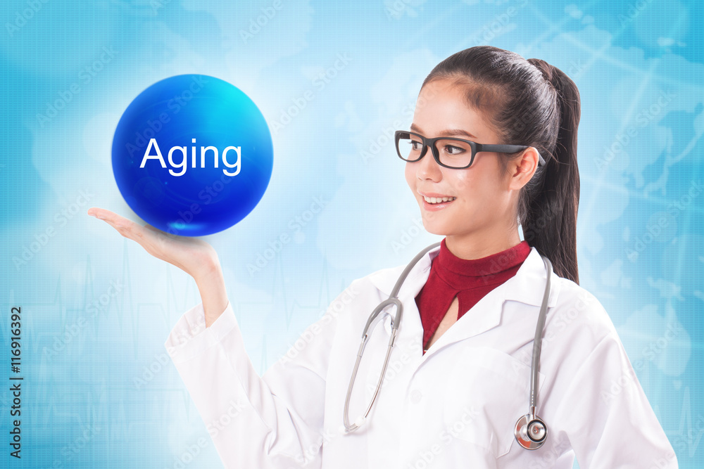 Female doctor holding blue crystal ball with aging sign on medical background. Female doctor holding blue crystal ball with aging sign on medical background.