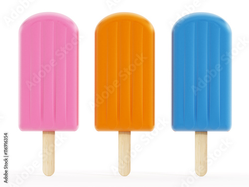 Pink, orange and blue ice creams on wooden stick. 3D illustration