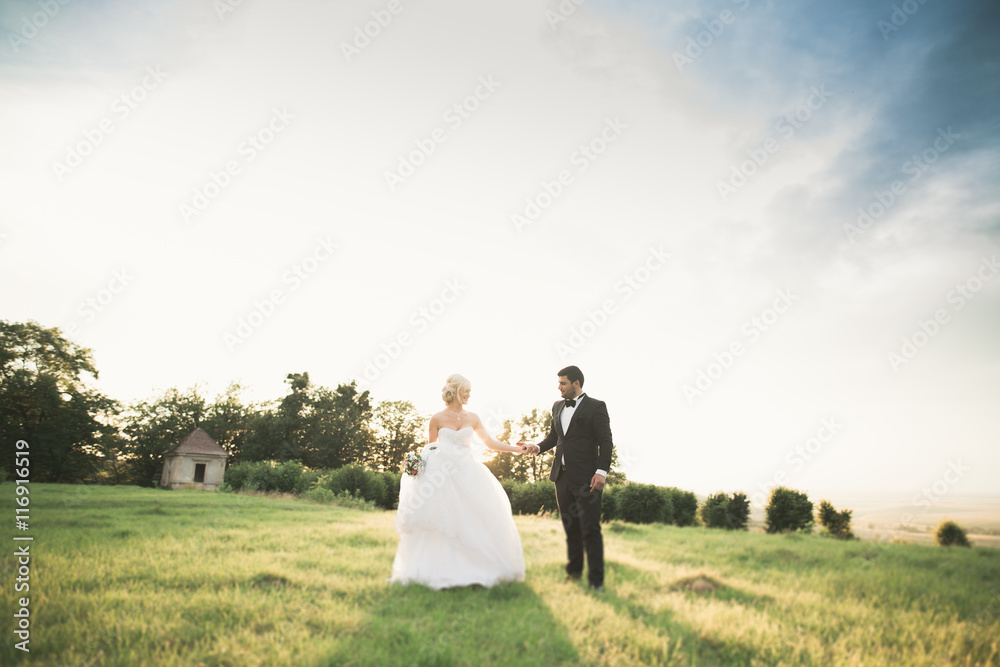 Stylish couple of happy newlyweds walking in the park on their wedding day with bouquet Stylish couple of happy newlyweds walking in the park on their wedding day with bouquet