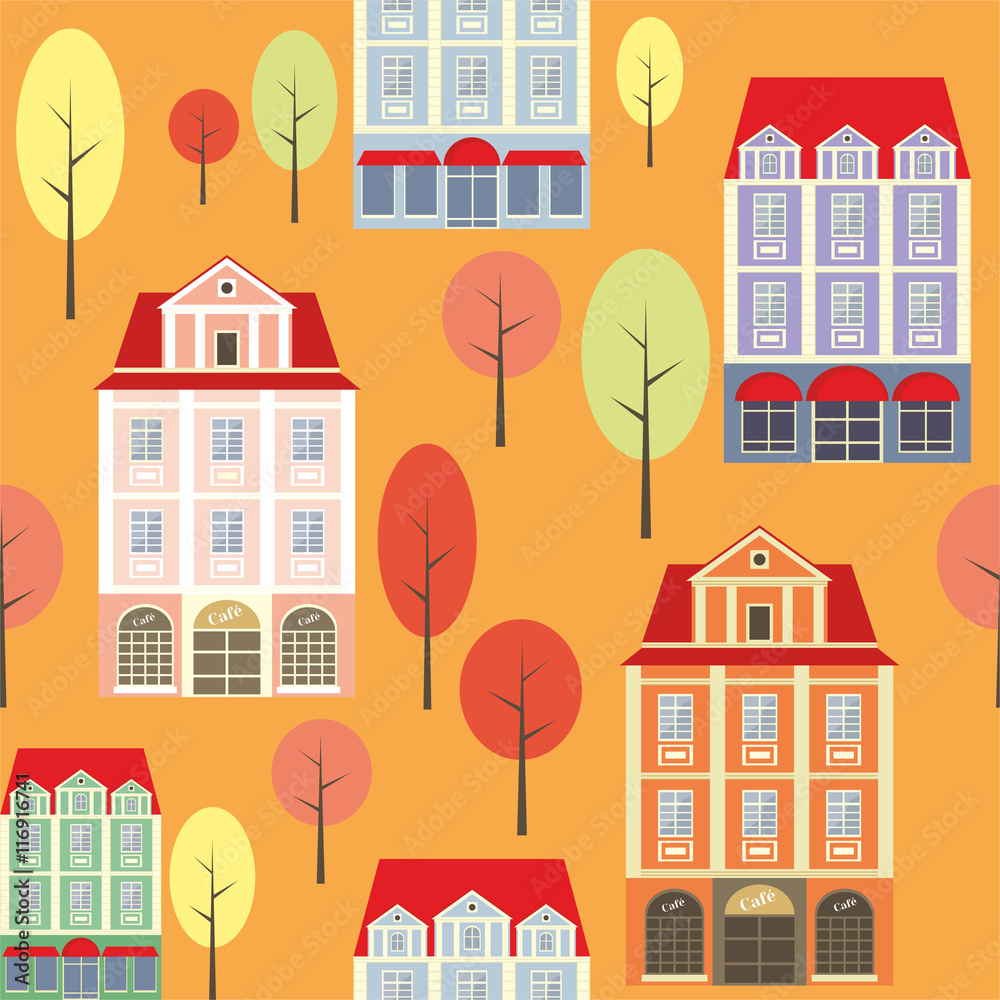 seamless pattern with the image of old town houses and trees. autumn cityscape.