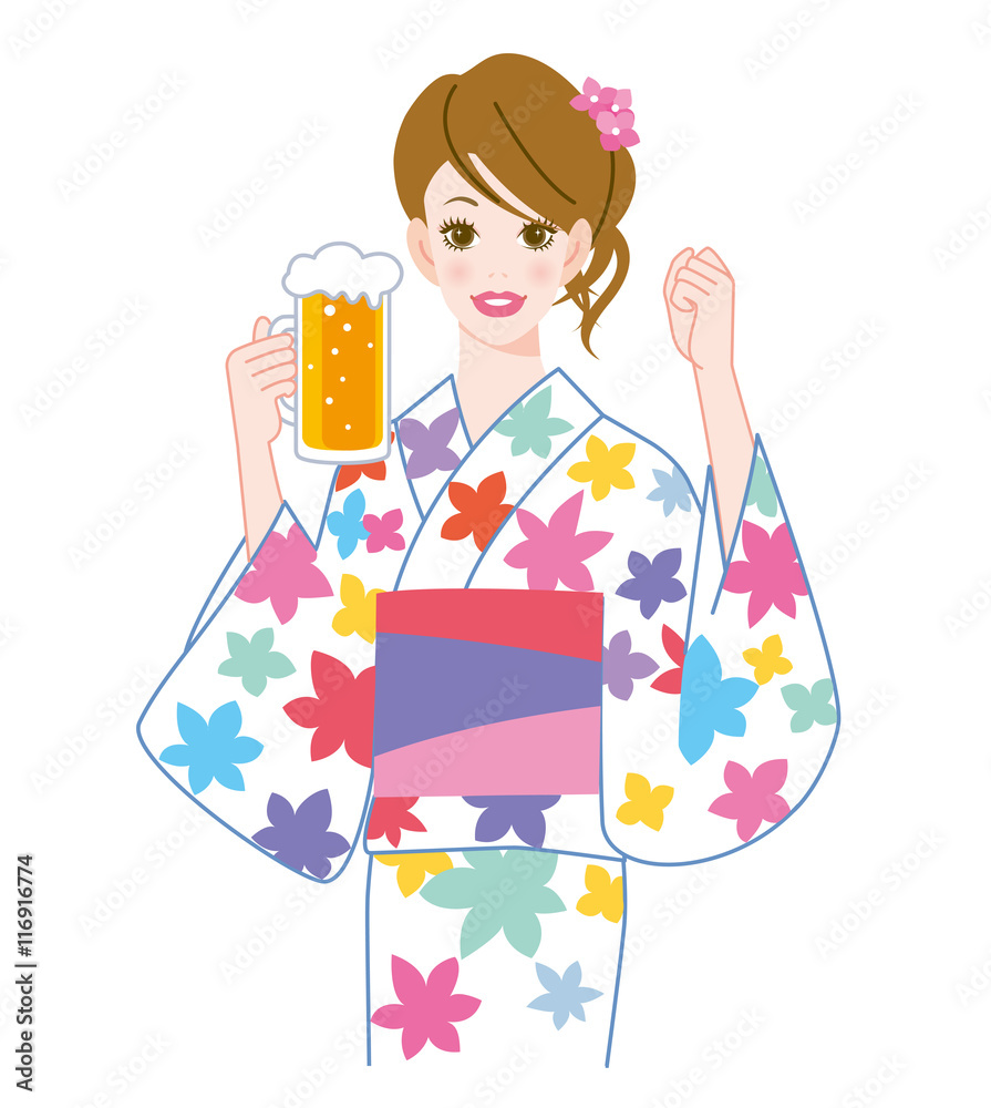 浴衣を着た女性とビール