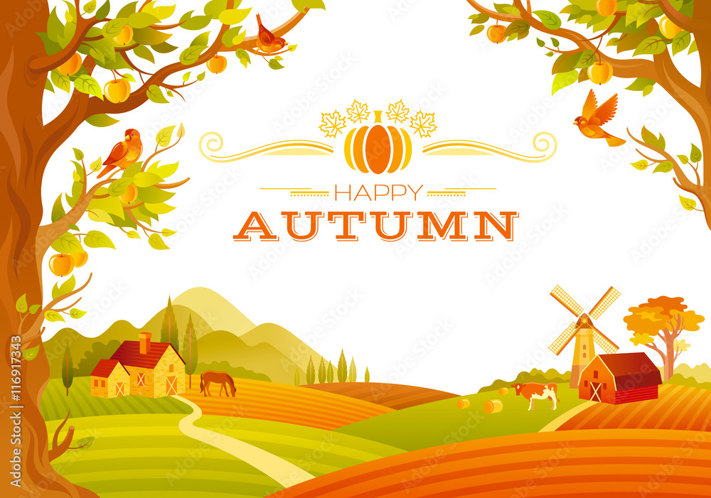 Vector illustration of beautiful autumn landscape on white background ...