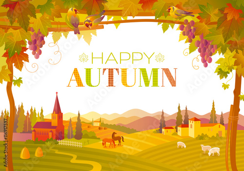 Vector illustration of beautiful autumn landscape on white background in modern style with elegant text lettering, copy space. Countryside fall farm symbols tree, church, pumpkin icon, vineyard