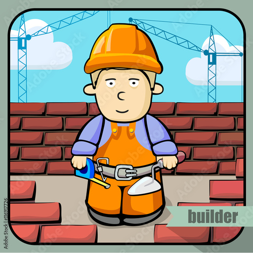 Vector person character portrait. Builder portrait isolated on unpainted fence background. Cartoon style. Human profession icon.