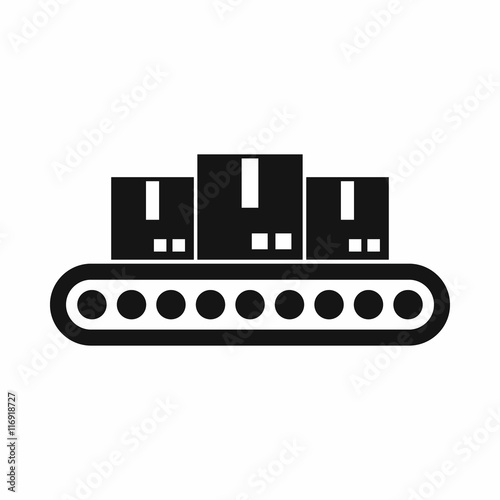 Belt conveyor with load icon in simple style isolated on white background. Products symbol
