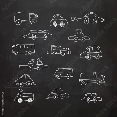 Hand Drawn cars on a chalkboard. Vector Illustration