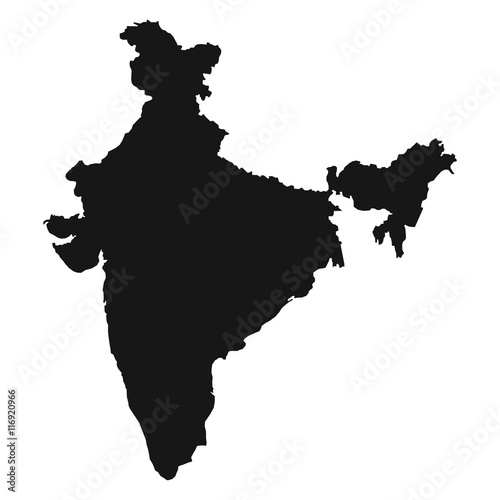 High detailed map of India. Black silhouette isolated on white background. Vector illustration