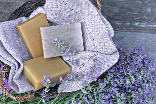 Fototapeta Naklejka Na Ścianę i Meble -  Home made soap with lavender on wooden 