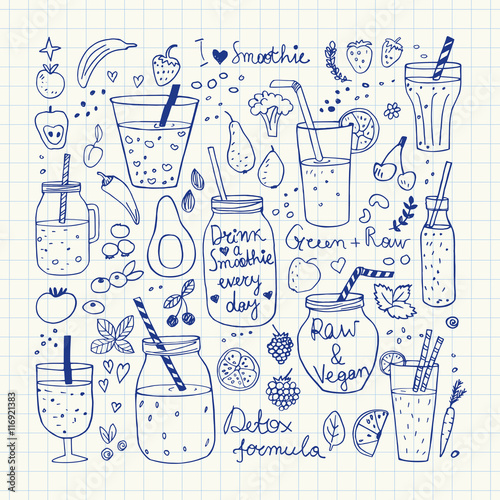 Smoothie and Raw food collection. Hand Drawn vector doodles