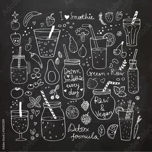 Smoothie and Raw food collection. Hand Drawn vector doodles