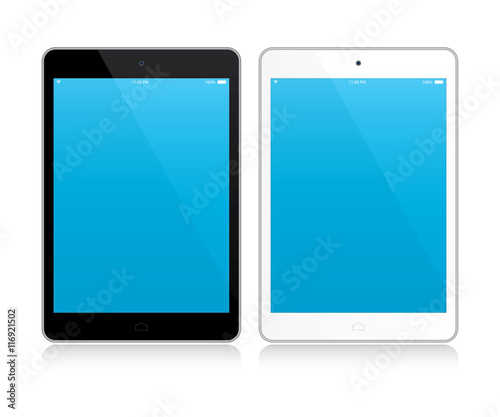 Black and white tablets with blue screens. Mockup isolated on white. Vector Illustration

