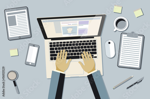 hands typing text on the laptop keyboard and using social networks for communication. Top view of people working with computer at the work desk vector