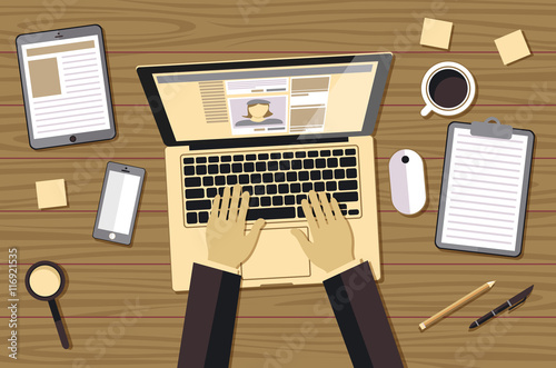 man sitting with laptop on the wooden floor and working, hands typing a message in social networks. Vector illustration top view of people work or relax at home using computer