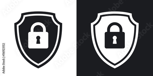 Two-tone version of vector Protective shield icon with the image of a padlock. Security concept simple icon on black and white background