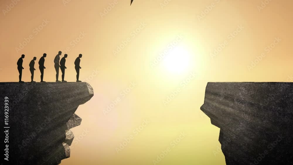 Pencil write 'Challenge', connecting the cliff. Businessman crossing the cliff, business concept.