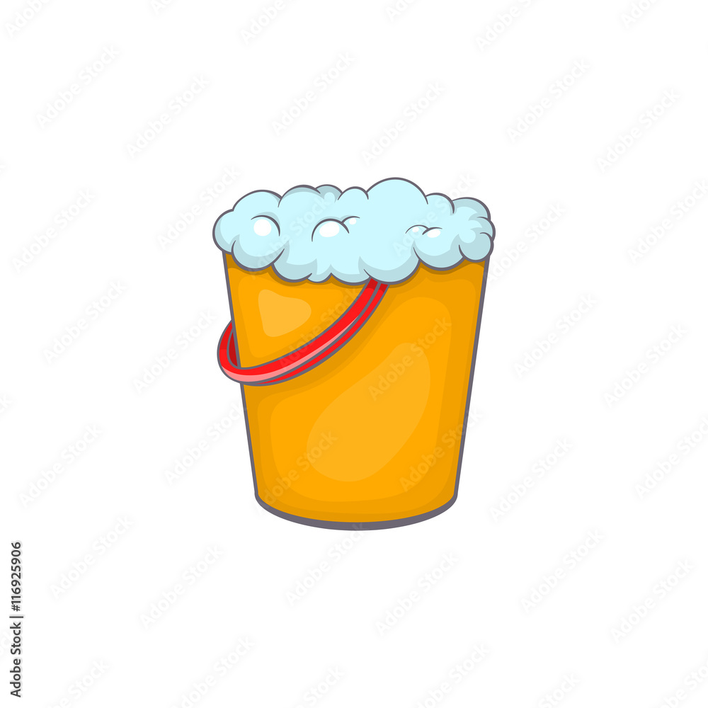 Yellow bucket with foamy water icon in cartoon style on a white background Yellow bucket with foamy water icon in cartoon style on a white background