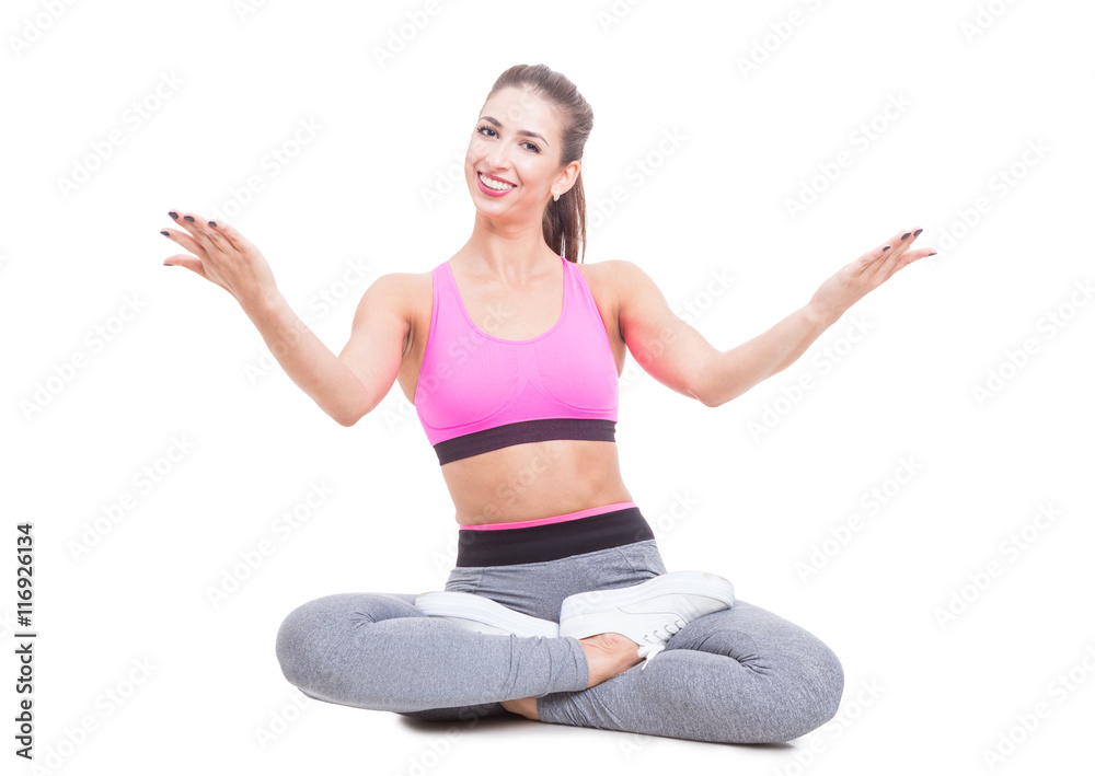 Lady sitting in yoga position with legs crossed Lady sitting in yoga position with legs crossed