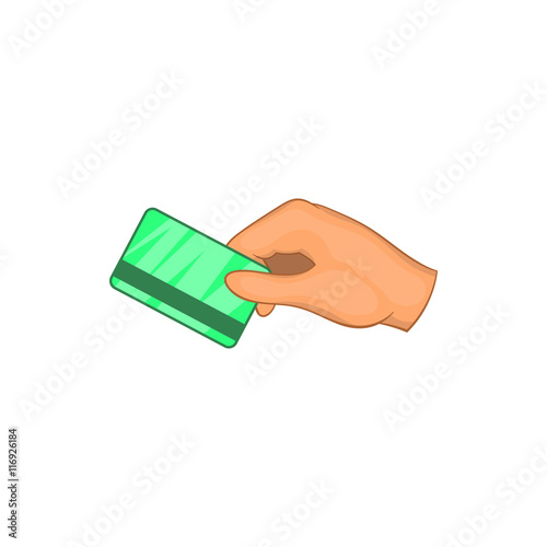 Hand with hotel room key card icon in cartoon style on a white background
