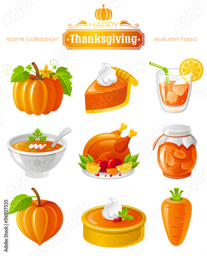 Vector illustration icon set with autumn and thanksgiving food and symbols on black background. Includes pumpkin vegetable, pie slice, orange juice, soup, roast turkey, apricot jam, cake, carrot.